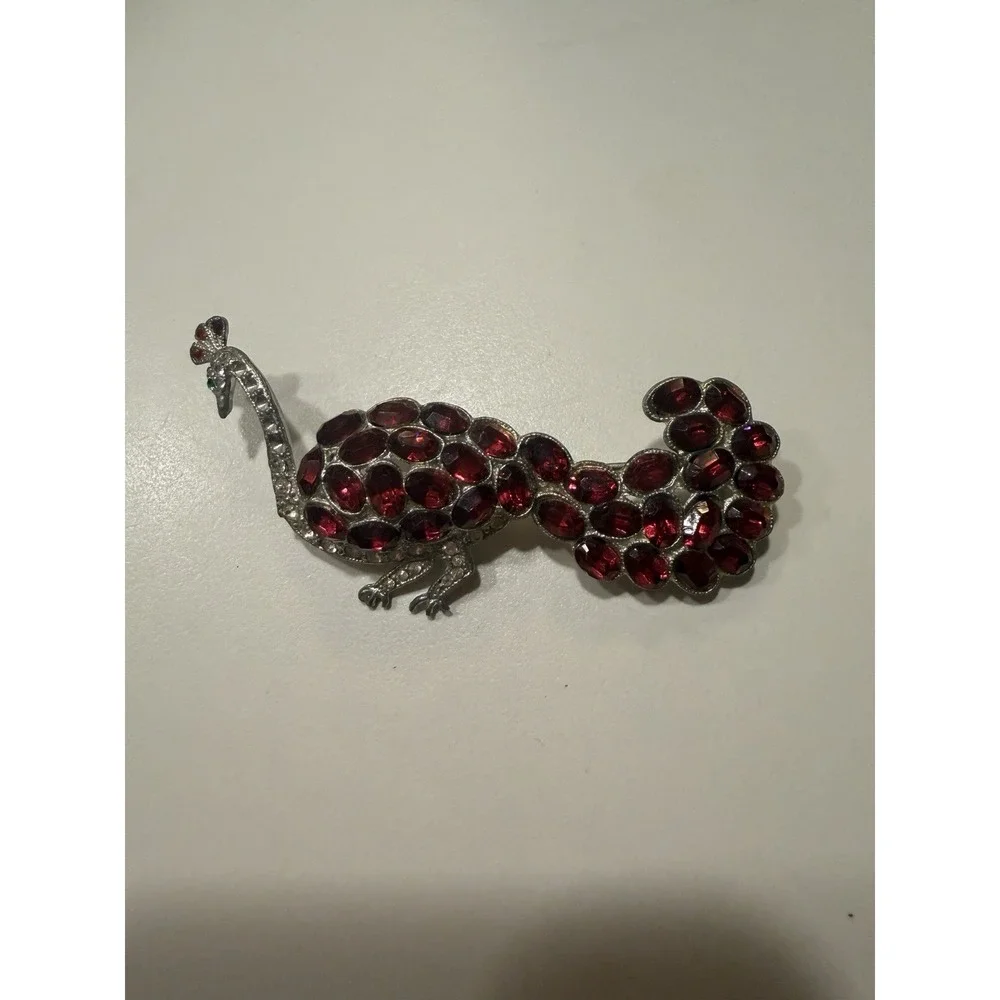 Vintage Red Peacock Enamel Brooch